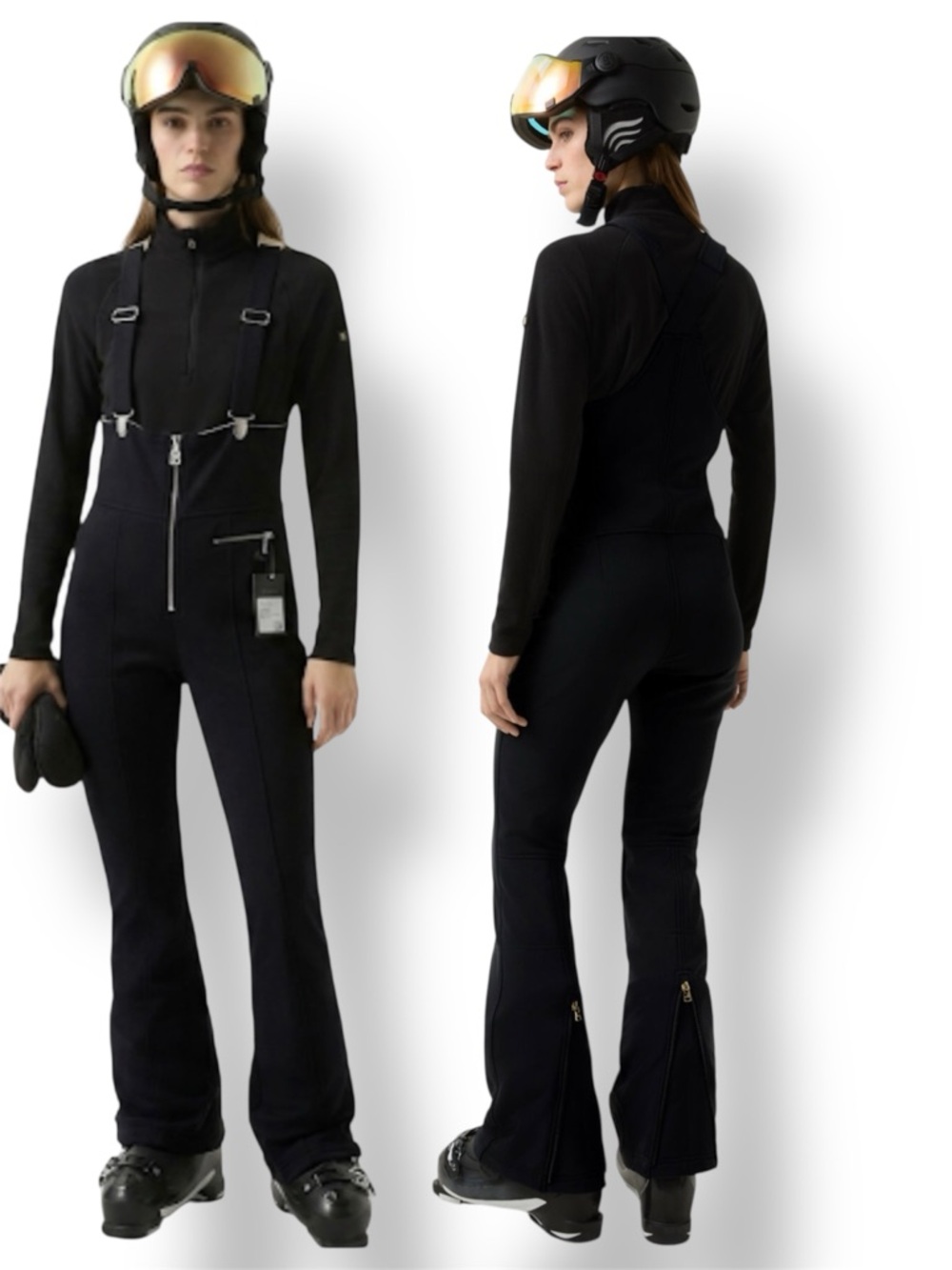 Bogner NWT Black Faye Zip-Front Ski Bib Jumpsuit Wool Blend Silver Hardware 14